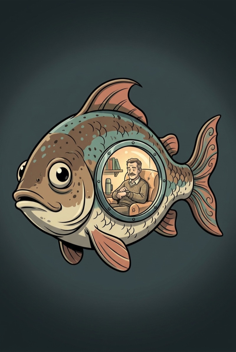 Illustration: Jonah sitting inside a great fish, seen through a submarine porthole
