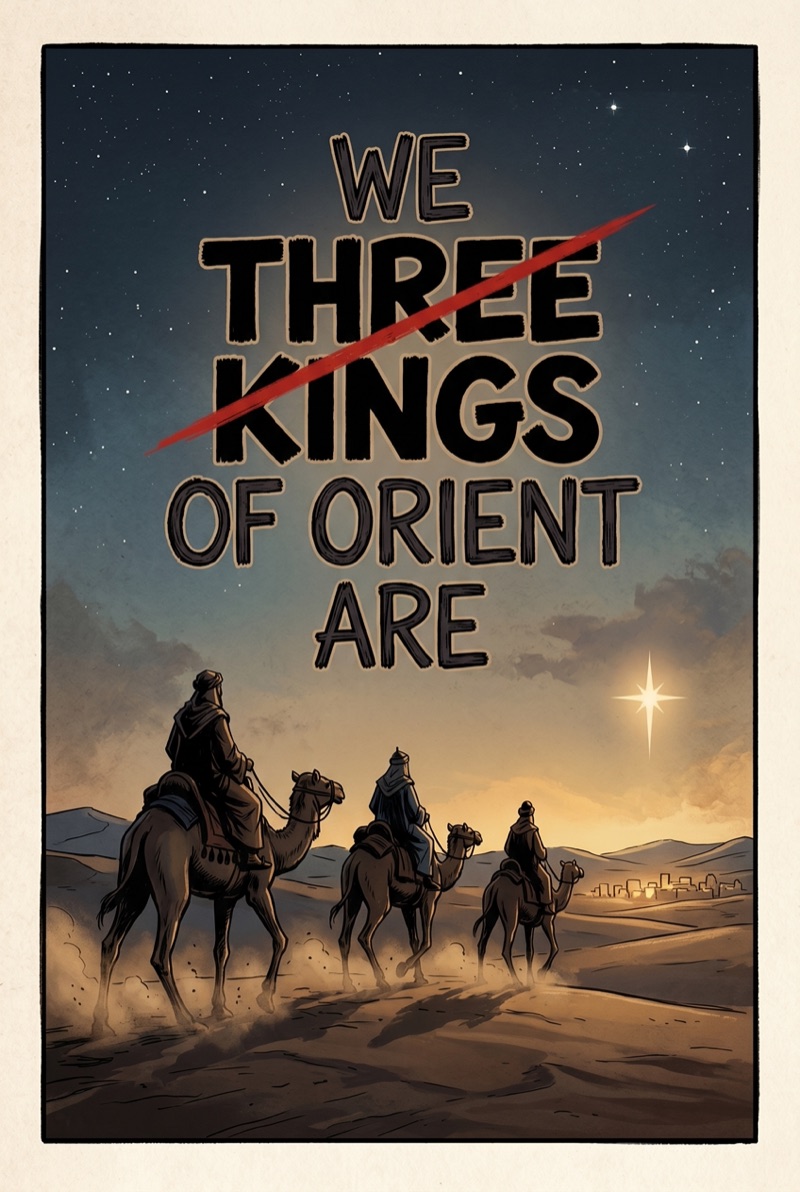Illustration: 'We three kings' with 'three' and 'kings' crossed out