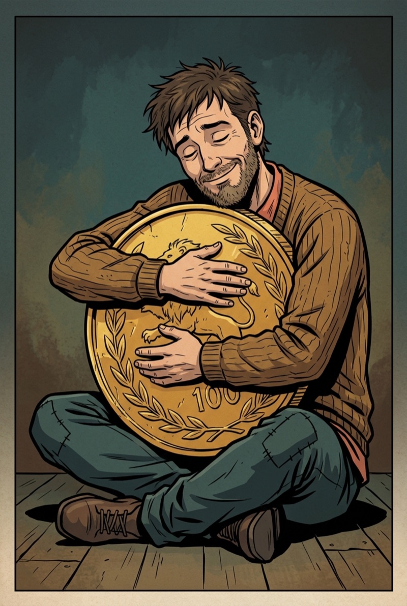Illustration: a man lovingly hugging a giant gold coin