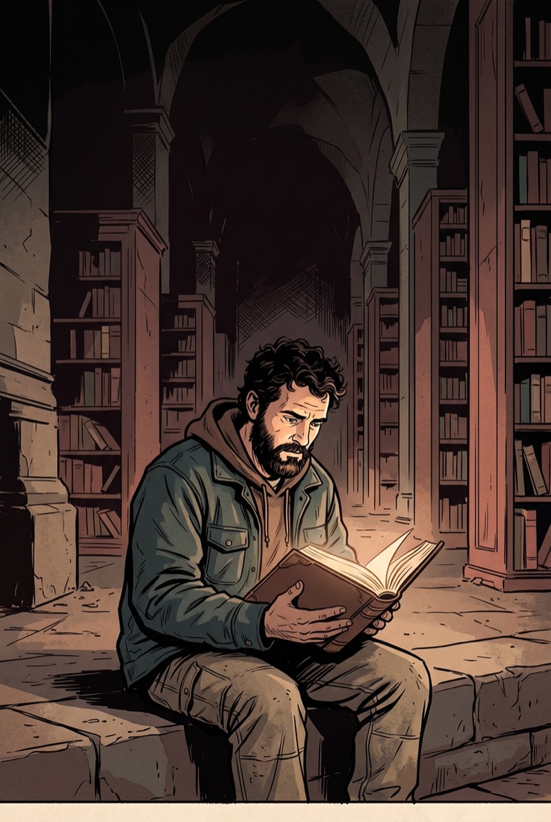 A man reading closely by lamplight in a dark archive