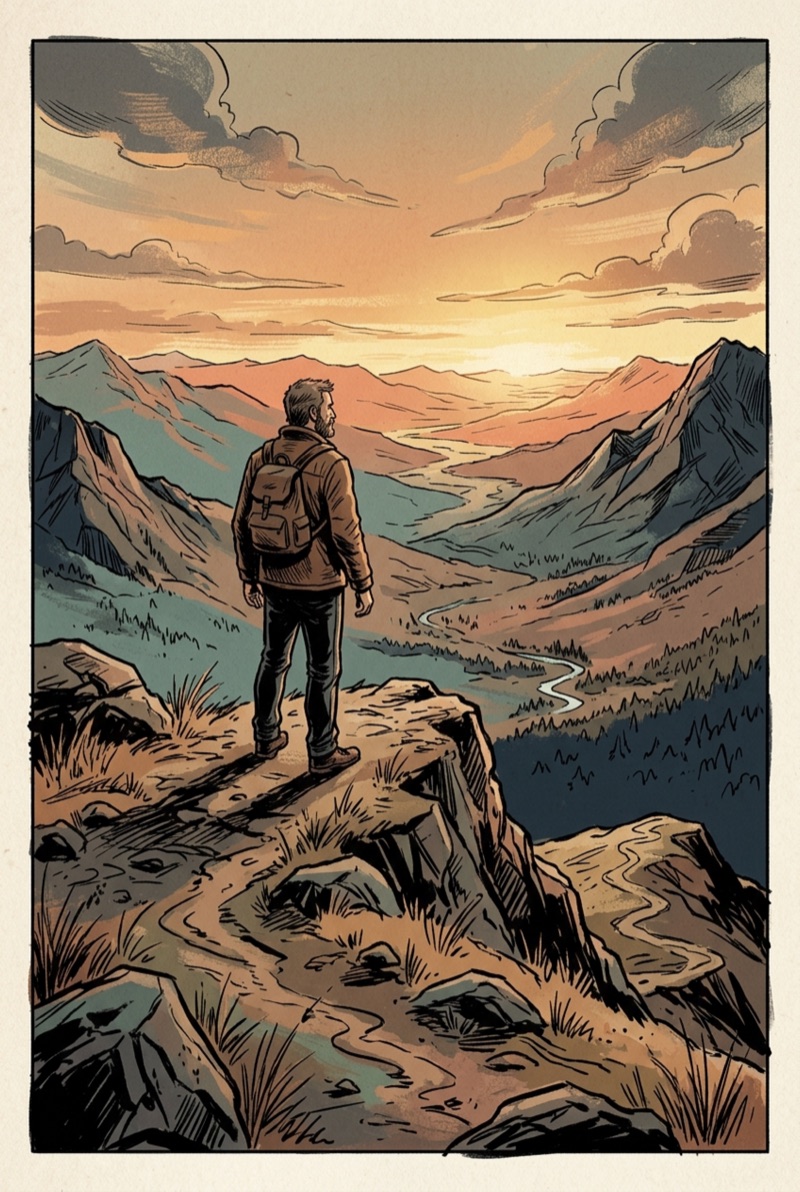 A man on a summit at dawn, looking out over a wide valley