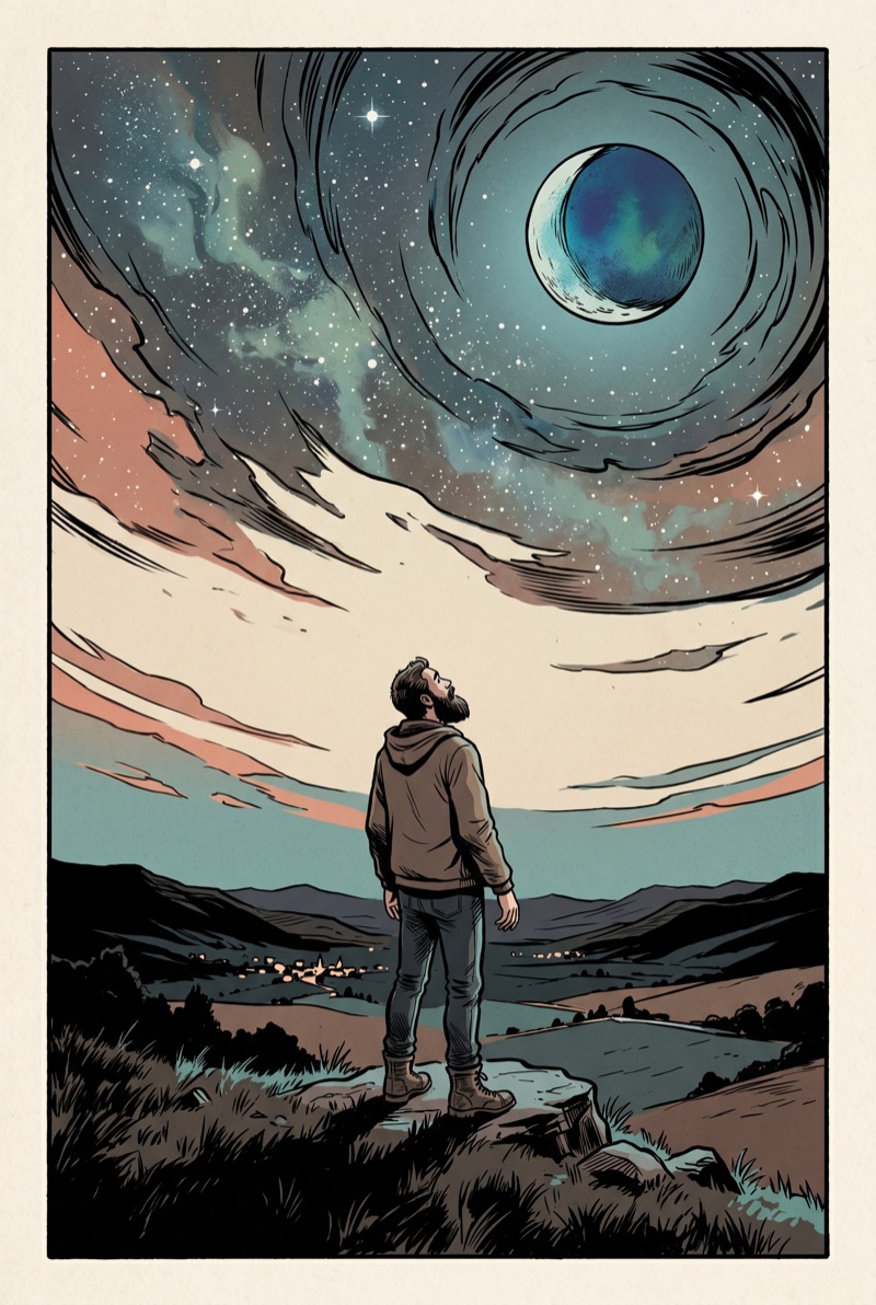 A man on a clifftop at night, looking up at the stars